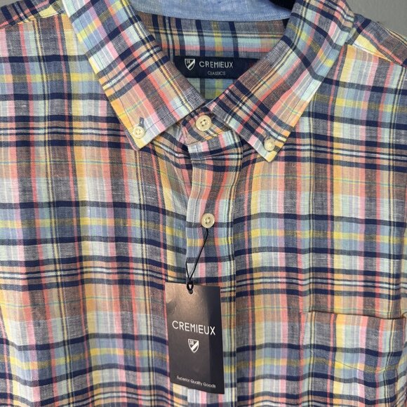 Cremeux Classics XL Mens Plaid Button-Down Shirt 100% Linen Short Sleeve - Picture 7 of 8